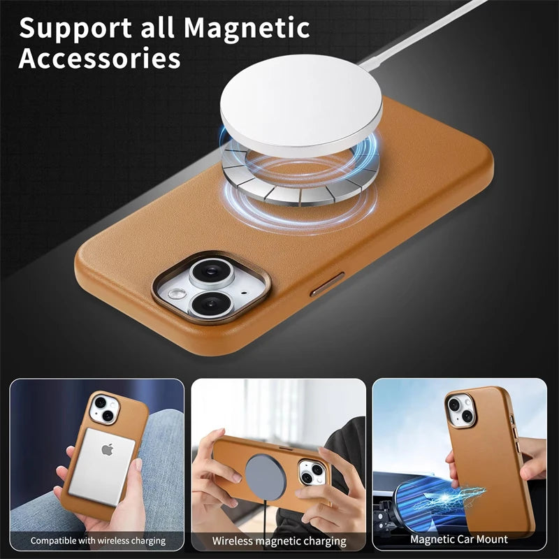 Magnetic MagSafe Leather Case for iPhone 14–17 Series – Wireless Charging Cover