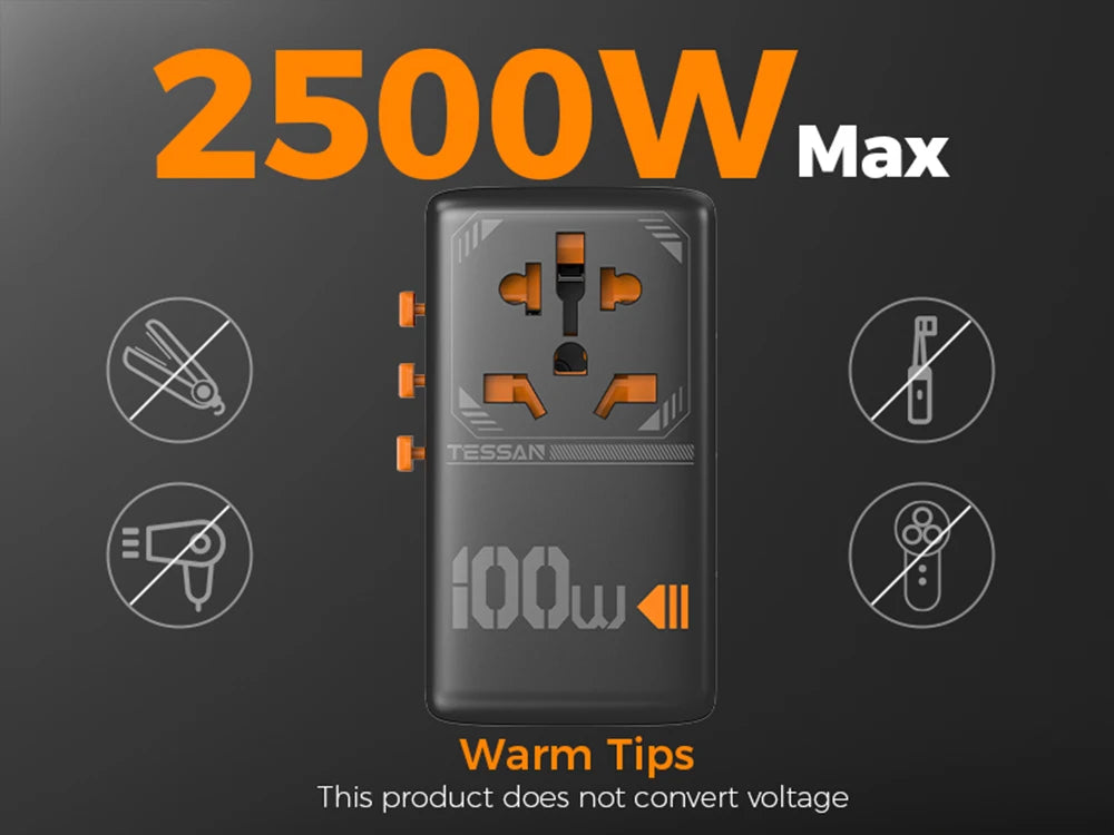 TESSAN 100W GaN Universal Travel Adapter – USB & Type-C Fast Charging