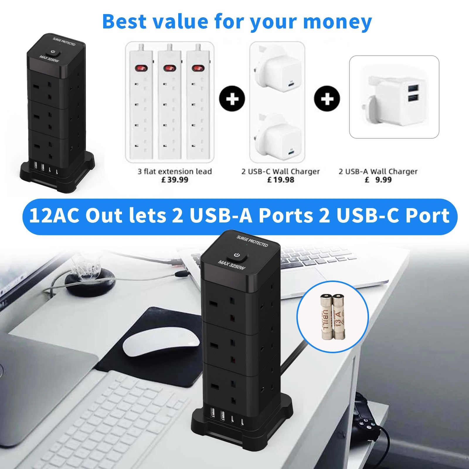 UK Power Tower Extension Lead – Multi Socket Surge Protector with USB-C & USB Charging Ports