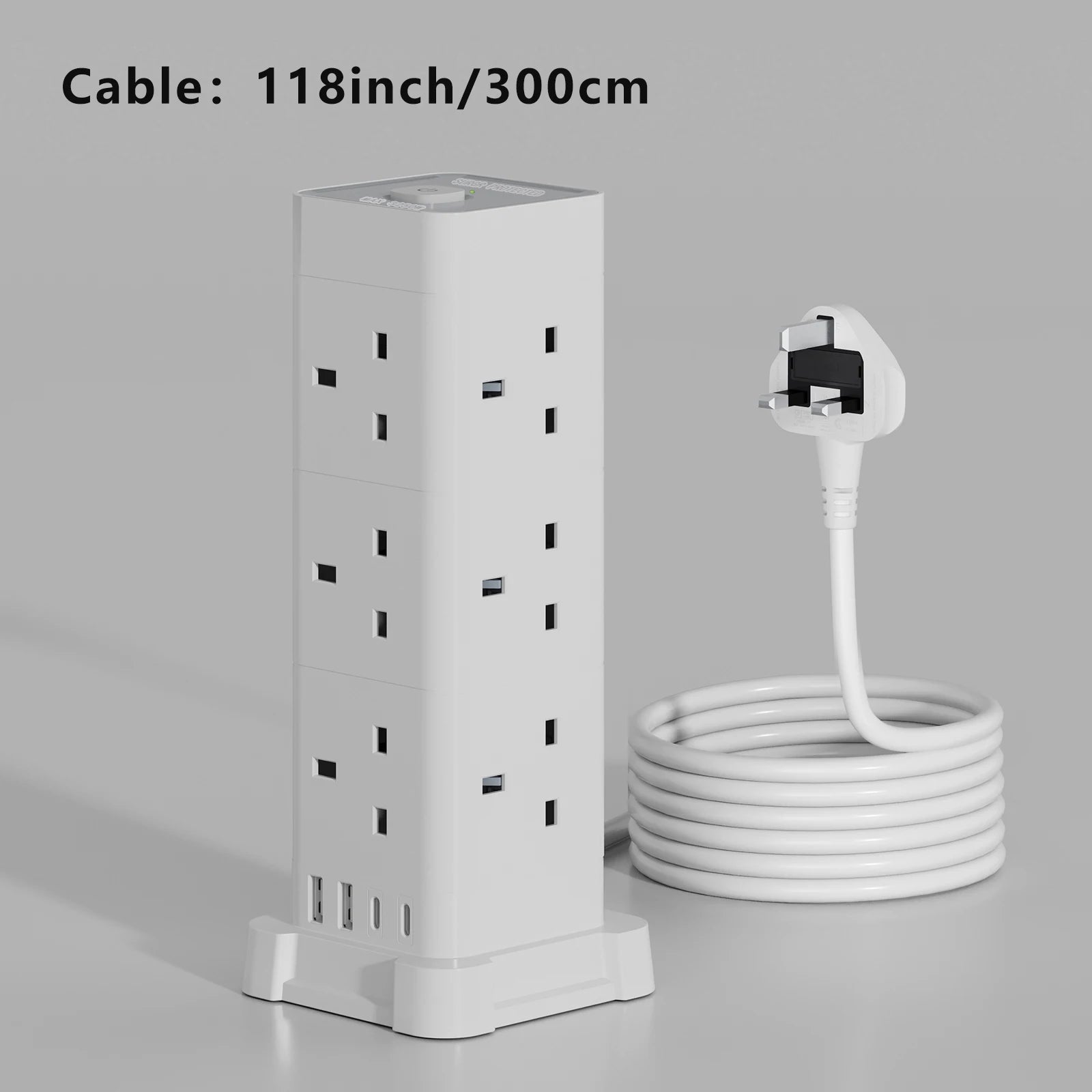 UK Power Tower Extension Lead – Multi Socket Surge Protector with USB-C & USB Charging Ports