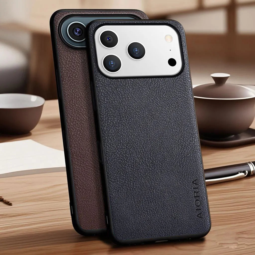 Vegan Faux Lychee Pebbled Leather Case for iPhone 15–17 Series – Soft Protective Cover