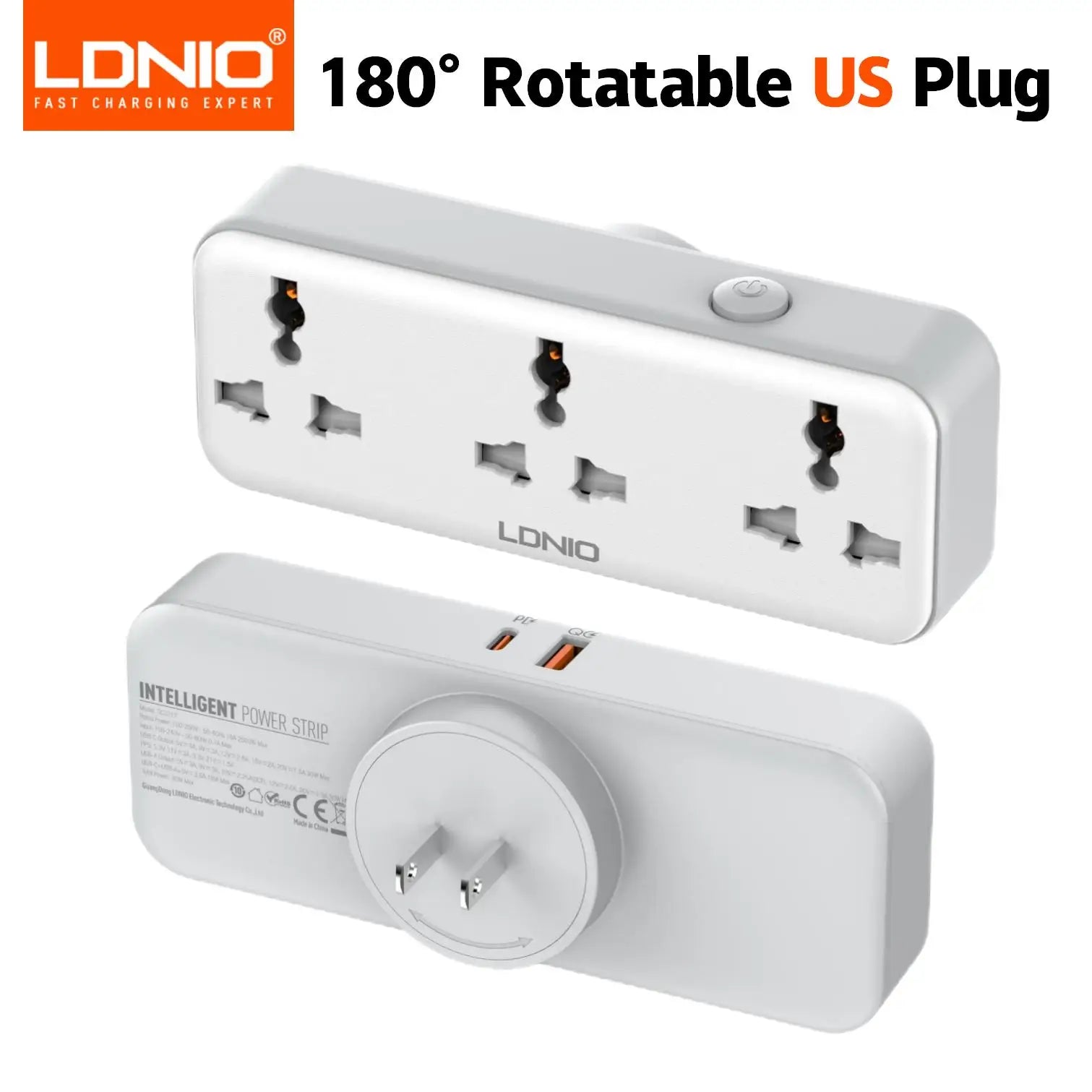 LDNIO Rotatable Power Plug with Switch – 3 AC Sockets & 2 USB (30W PD)