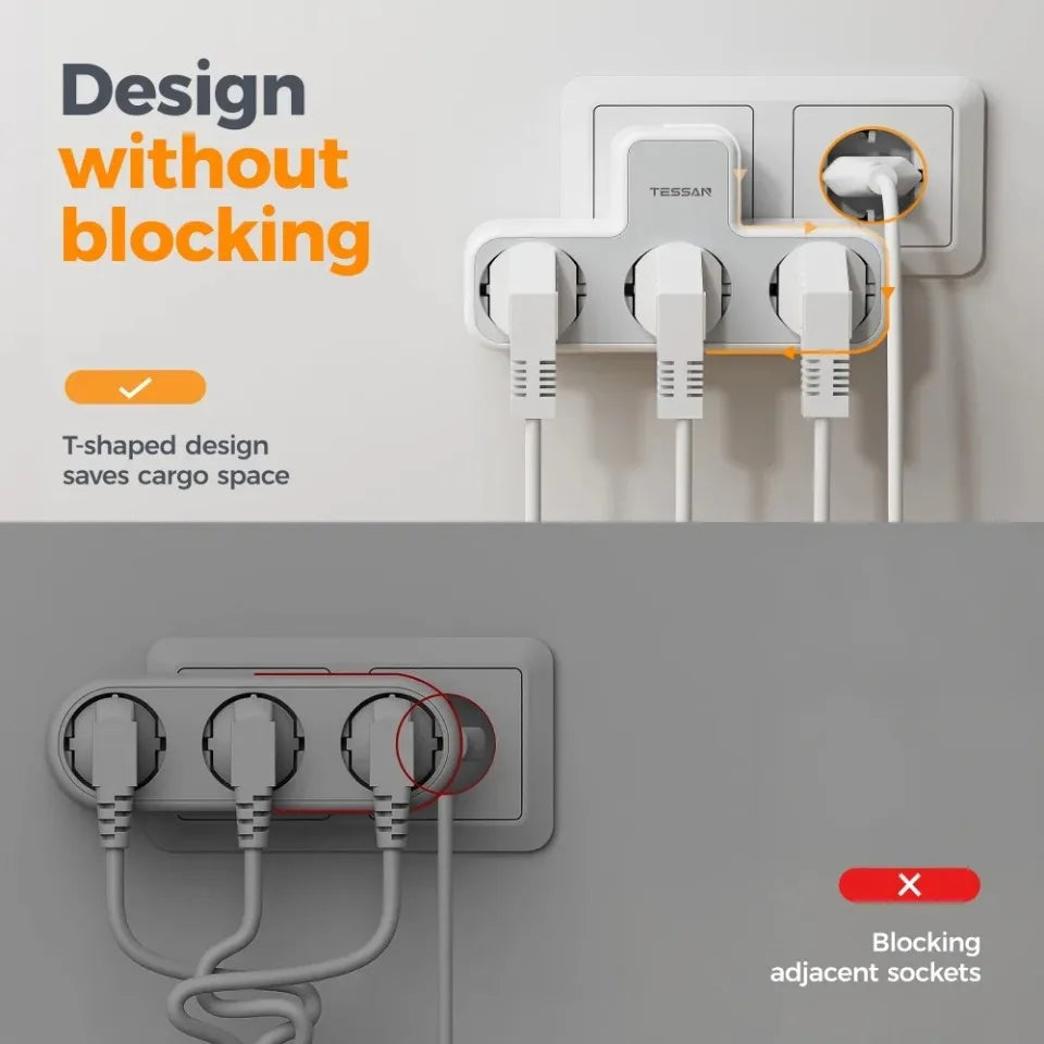 TESSAN Multiple Wall Socket with 3 AC Outlets Charging Ports EU Plug Wall Power Strip with Overload Protection 3fach Stecker Eu