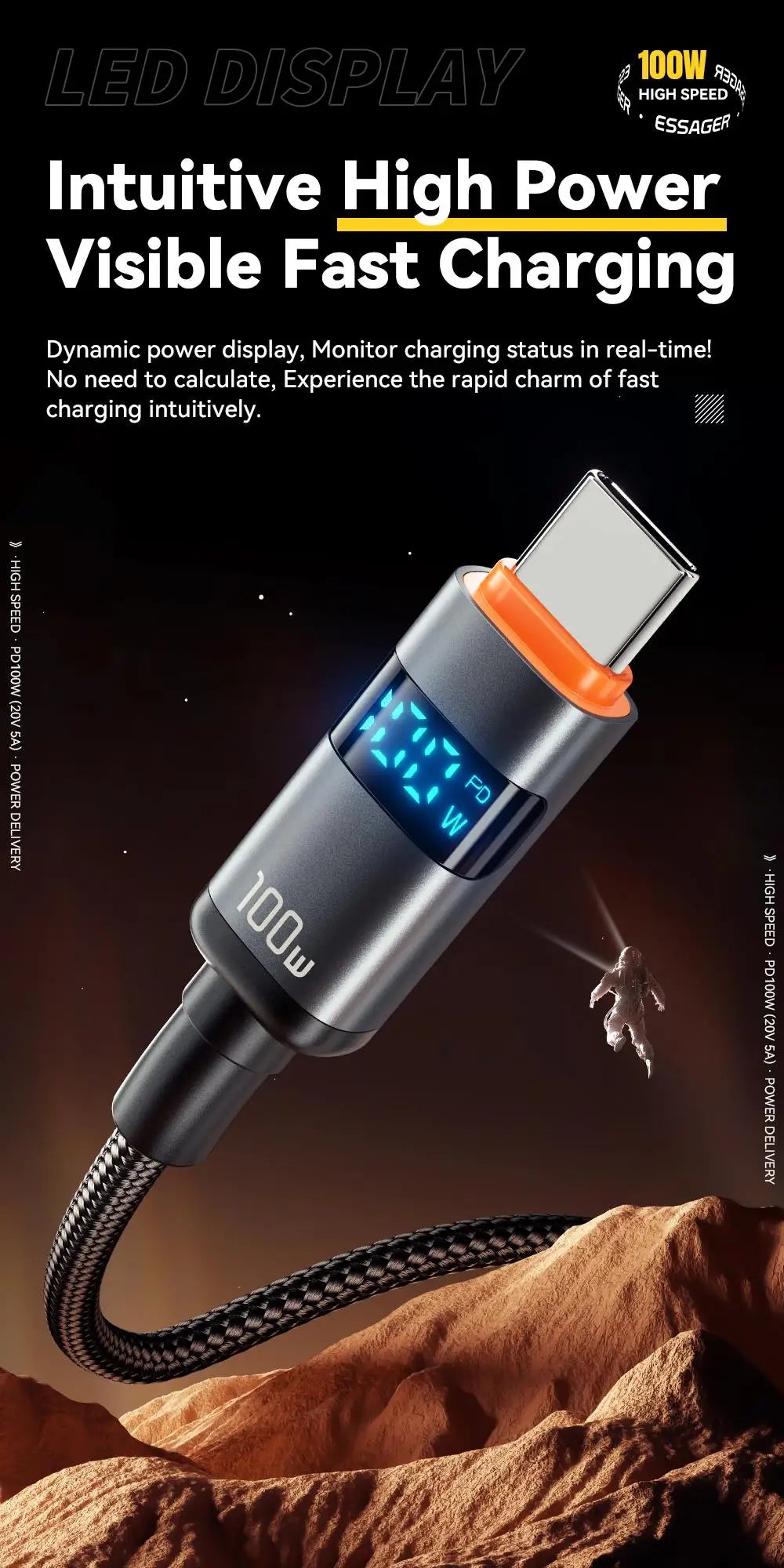Essager 100W USB C to Type C Digital Display Cable Fast Charging 5A Type C to Type C Cable For MacBook pro Xiaomi Huawei Samsung