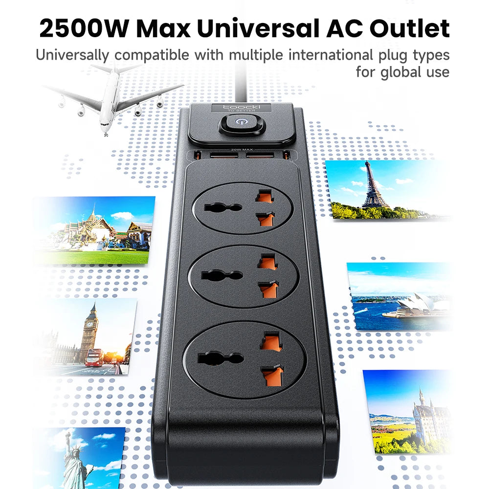 Toocki PD20W GaN Versatile Power Strip 2500W Max Universal 3AC Outlet EU UK US Plug Adapter Electrical Socket 2M Extension Cable