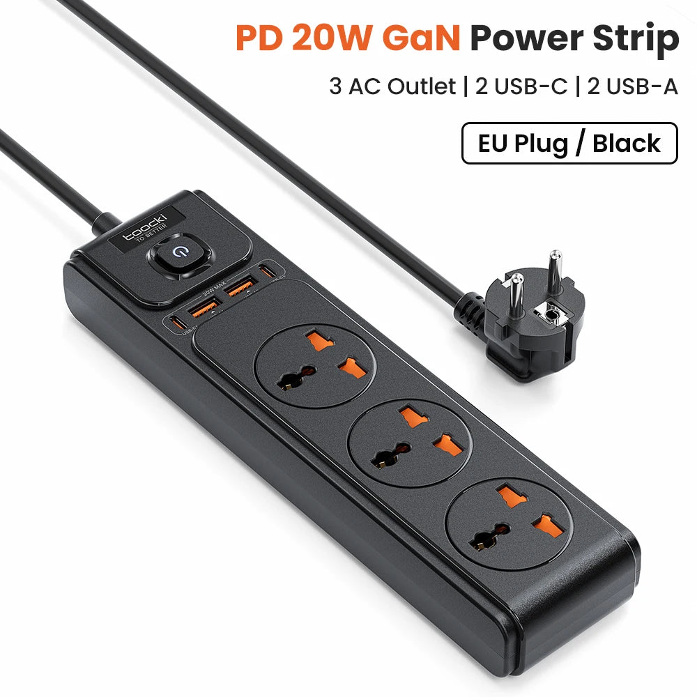 Toocki PD20W GaN Versatile Power Strip 2500W Max Universal 3AC Outlet EU UK US Plug Adapter Electrical Socket 2M Extension Cable