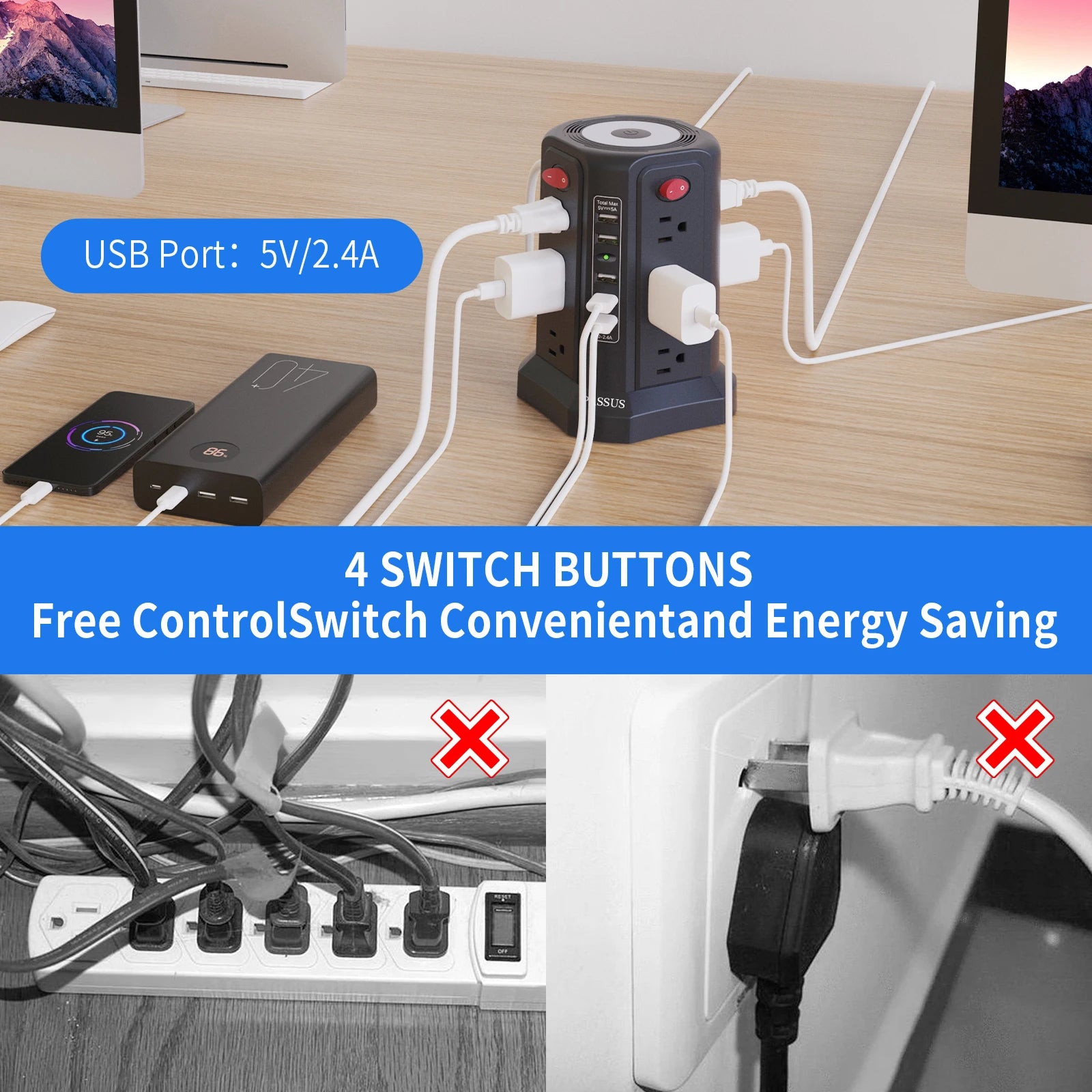 PASSUS 10ft AC Power Extender – 12 Outlets & 5 USB Ports
