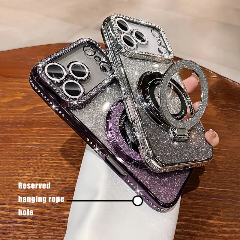 Plating MagSafe Rhinestones Magnetic Stand Case for iPhone 15–17 Series – Diamond Bumper Cover