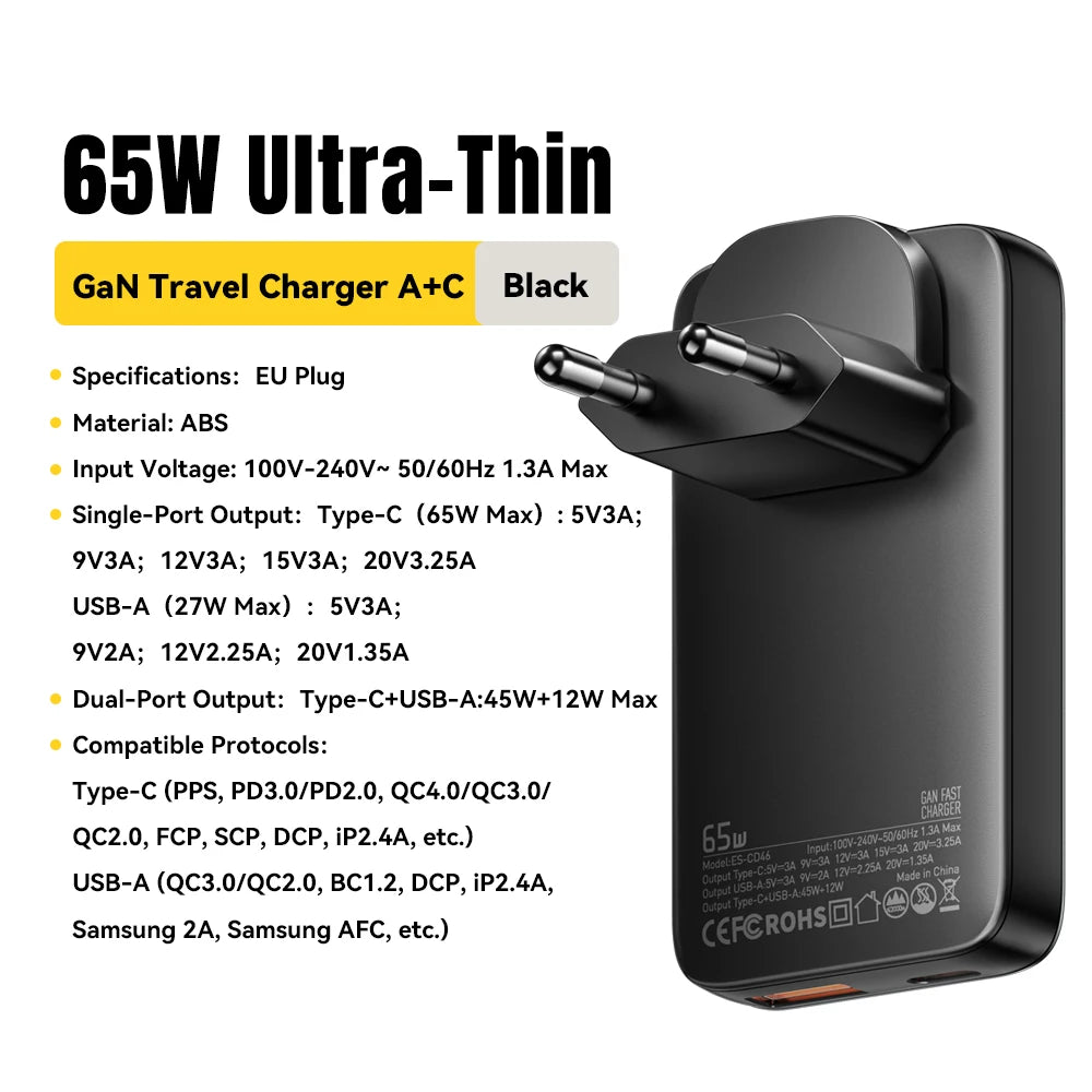 Essager 65W GaN Charger USB Type C Quick Charge 3.0 Fast Charger for iPhone 16 15 Xiaomi Samsung ipad Macbook Tablet PD Charger
