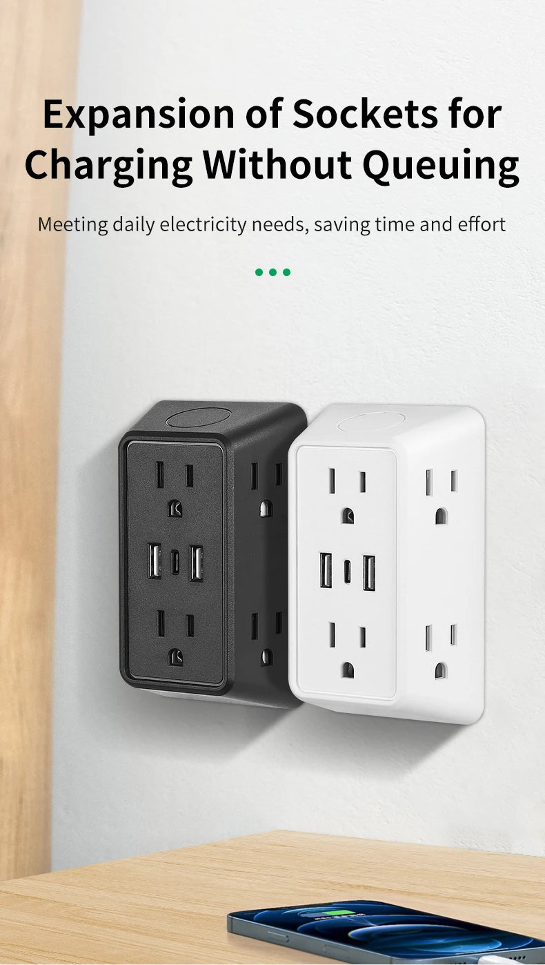 9-in-1 Wall Plug Power Adapter – 6 AC Outlets with 2 USB & 1 USB-C Charging