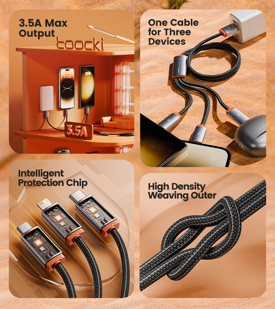 TOOCKI 3-in-1 Fast Charging Cable – USB-C, Lightning & Micro USB Multi Charging Cable