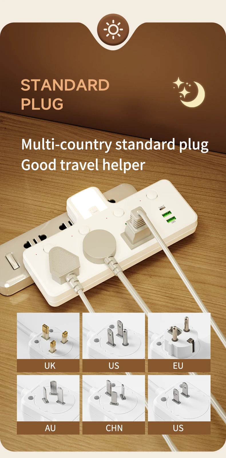 7-in-1 EU US UK AU Power Strip, Independent switch socket Power Strip 3 AC Outlets 2 USB 1 Type-C, Equipped USB charging adapter