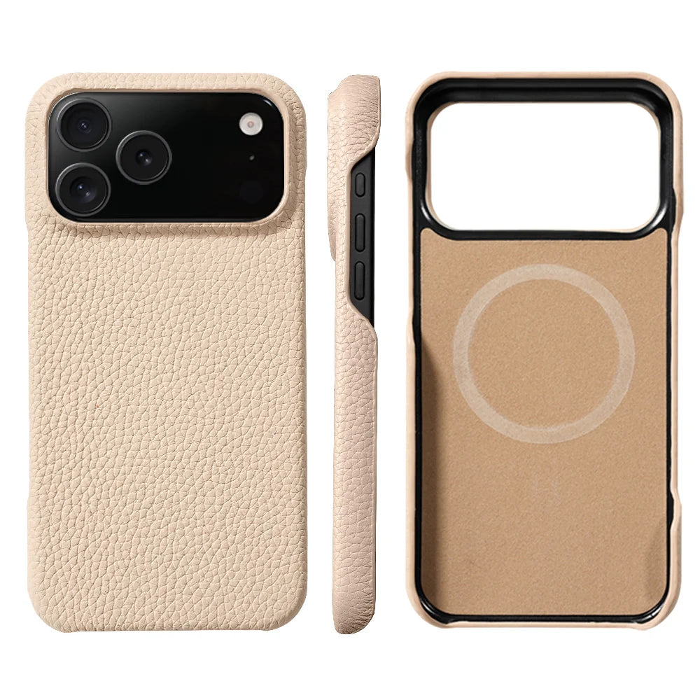 Lychee Genuine Leather Magnetic Case — iPhone 15–17 Series