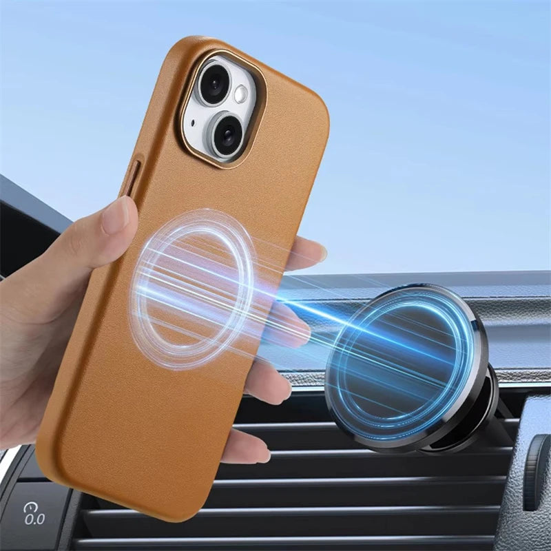 Magnetic MagSafe Leather Case for iPhone 14–17 Series – Wireless Charging Cover