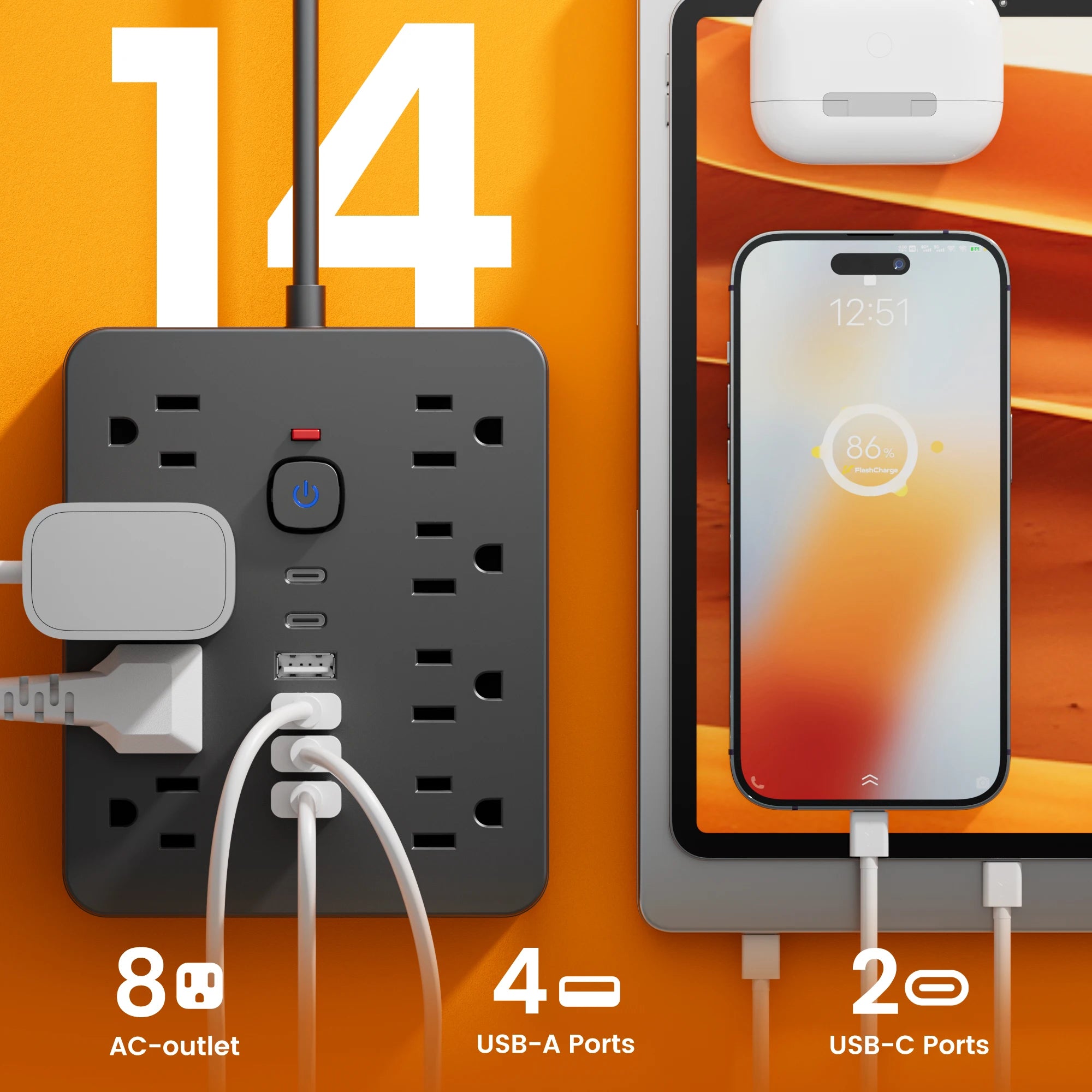 14-in-1 Power Strip – AC Outlets with 4 USB & 2 USB-C Surge Protector