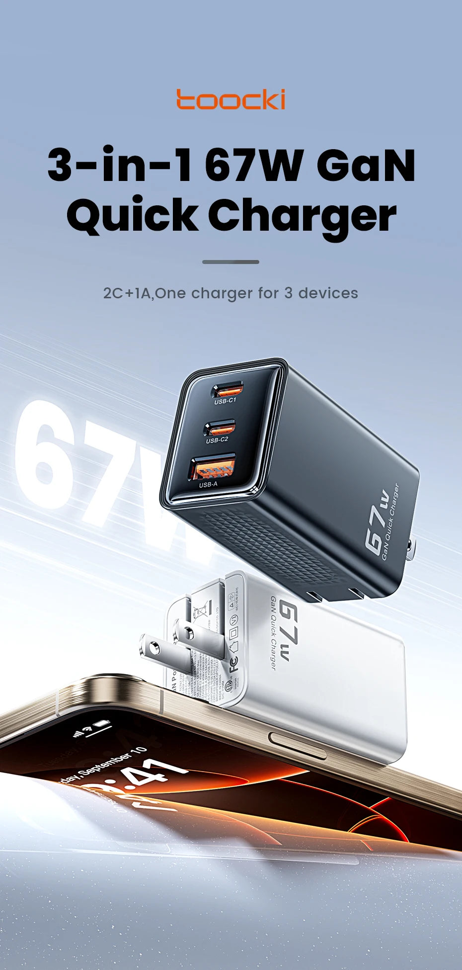Toocki 67W GaN Charger – Fast USB-C PD for iPhone, MacBook & Samsung