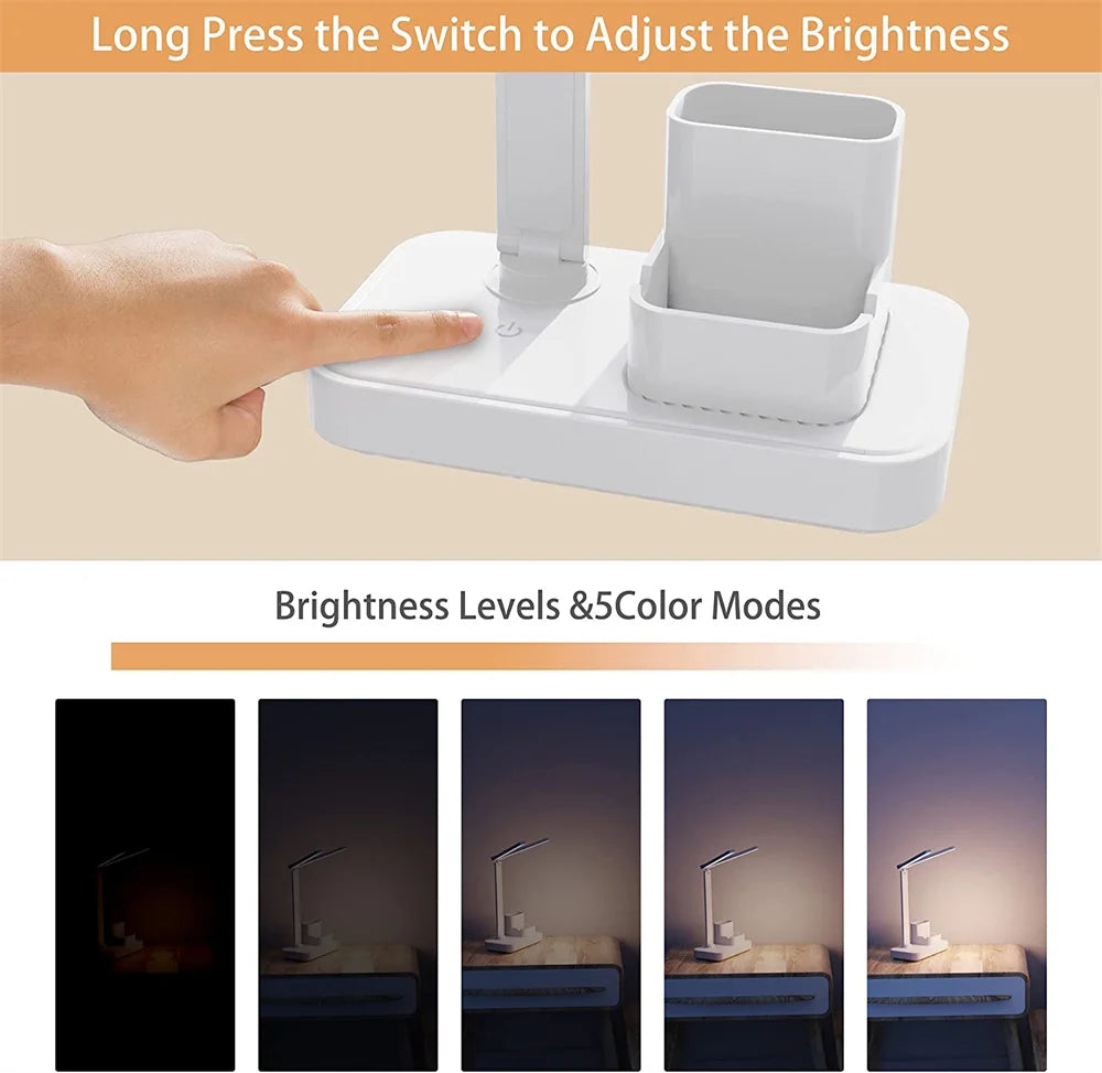 LED Desk Lamp – USB Dimmable Foldable Table Lamp with Clock, Calendar, Temperature Display & Night Light