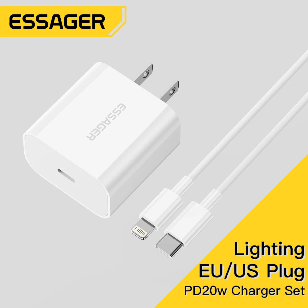 Essager 20W Charger Fast Charging Type-C Lightning Charger Set PD QC Quick Charge  For  iPhone 14 13 12 11 iPad Pro Max