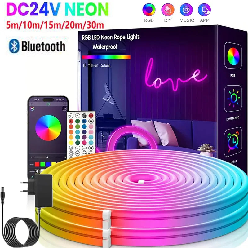 3535 RGB Neon LED Strip Lights 24V 5m 10m 20m 30m Neon Rope Light with Music Sync IP67 Waterproof Light Strip for Home Decor