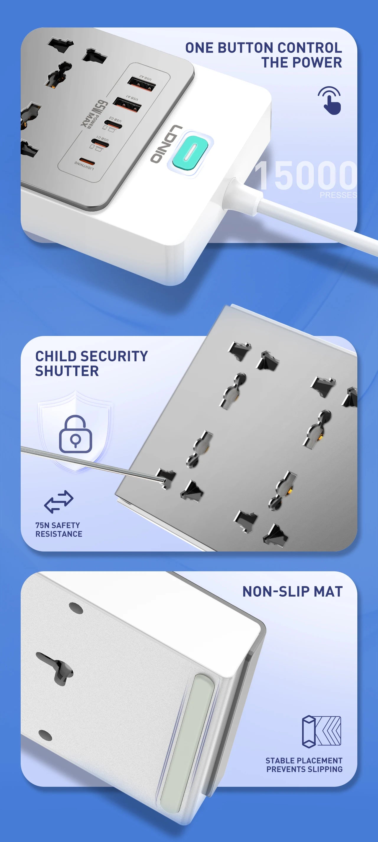 LDNIO 65W 13-in-1 Power Strip – Universal Outlets, USB-C Fast Charging & 2M Surge-Protected Extension Cord