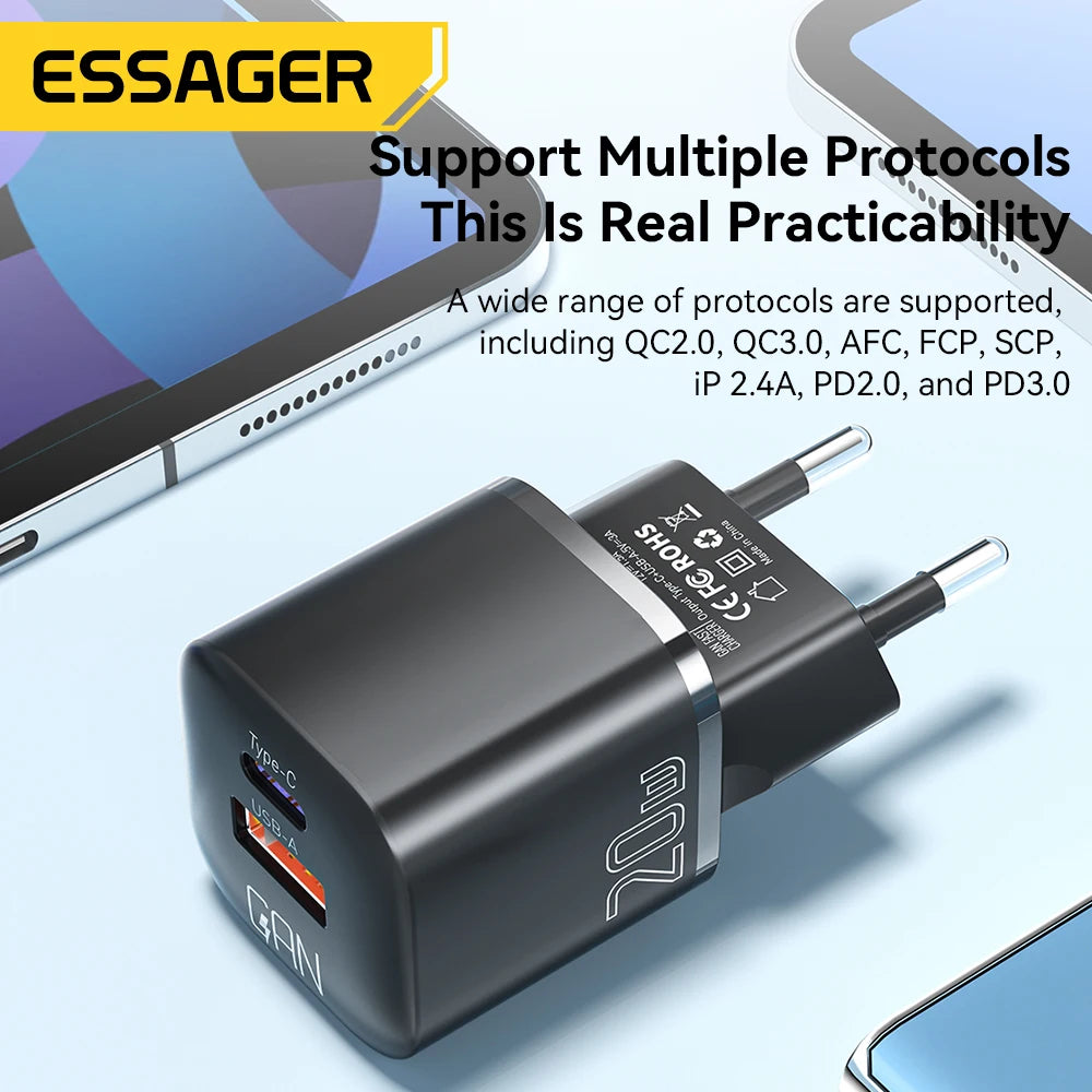Essager 20W GaN USB Type C Charger Fast Charge Phone QC 3.0 Quick Chargers For iPhone 15 14 13 12 11Pro Max Mini iPad Charging