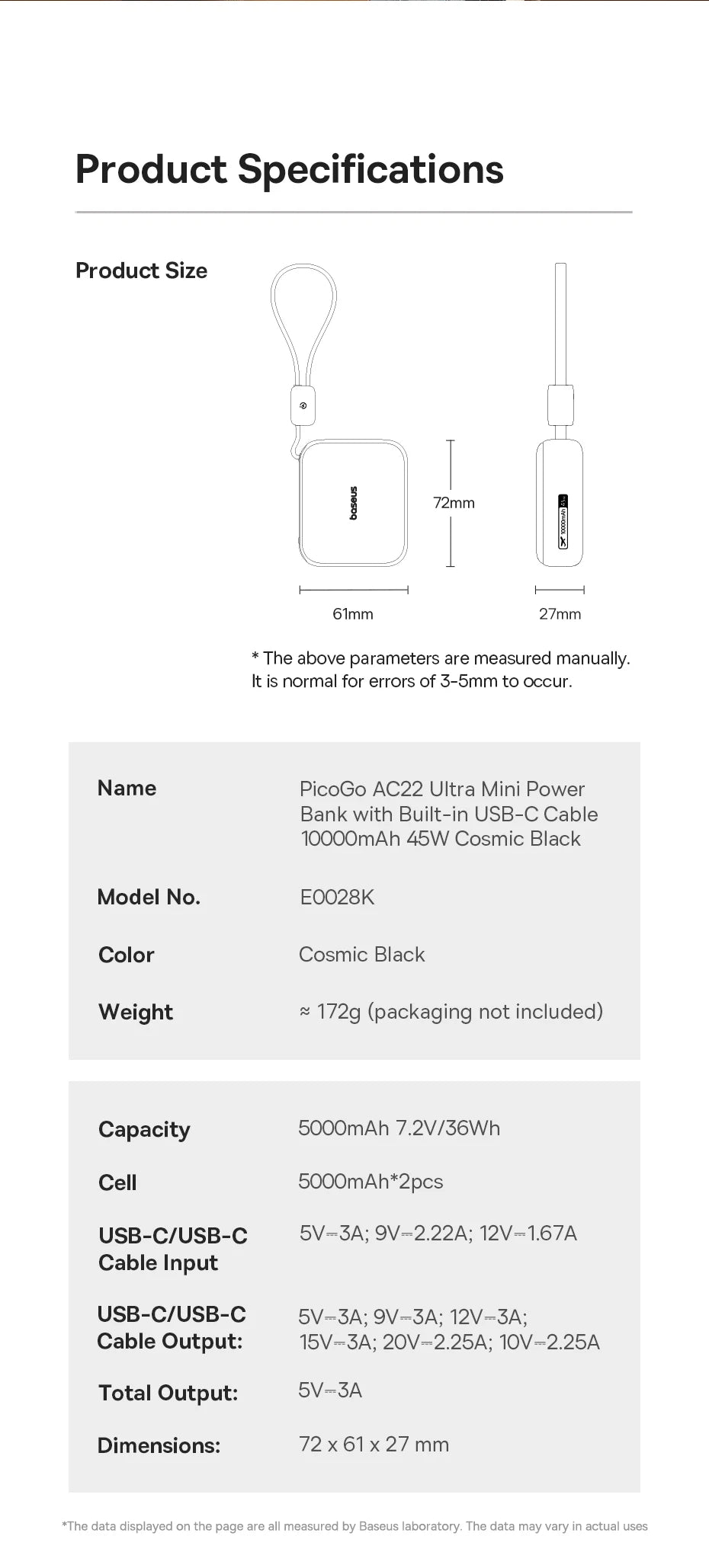 Baseus 45W Mini Power Bank 10000mAh Built-In USB-C Cable Pocket-Sized Smaller Fast Charging Portable For iPhone 17 Samsung S25
