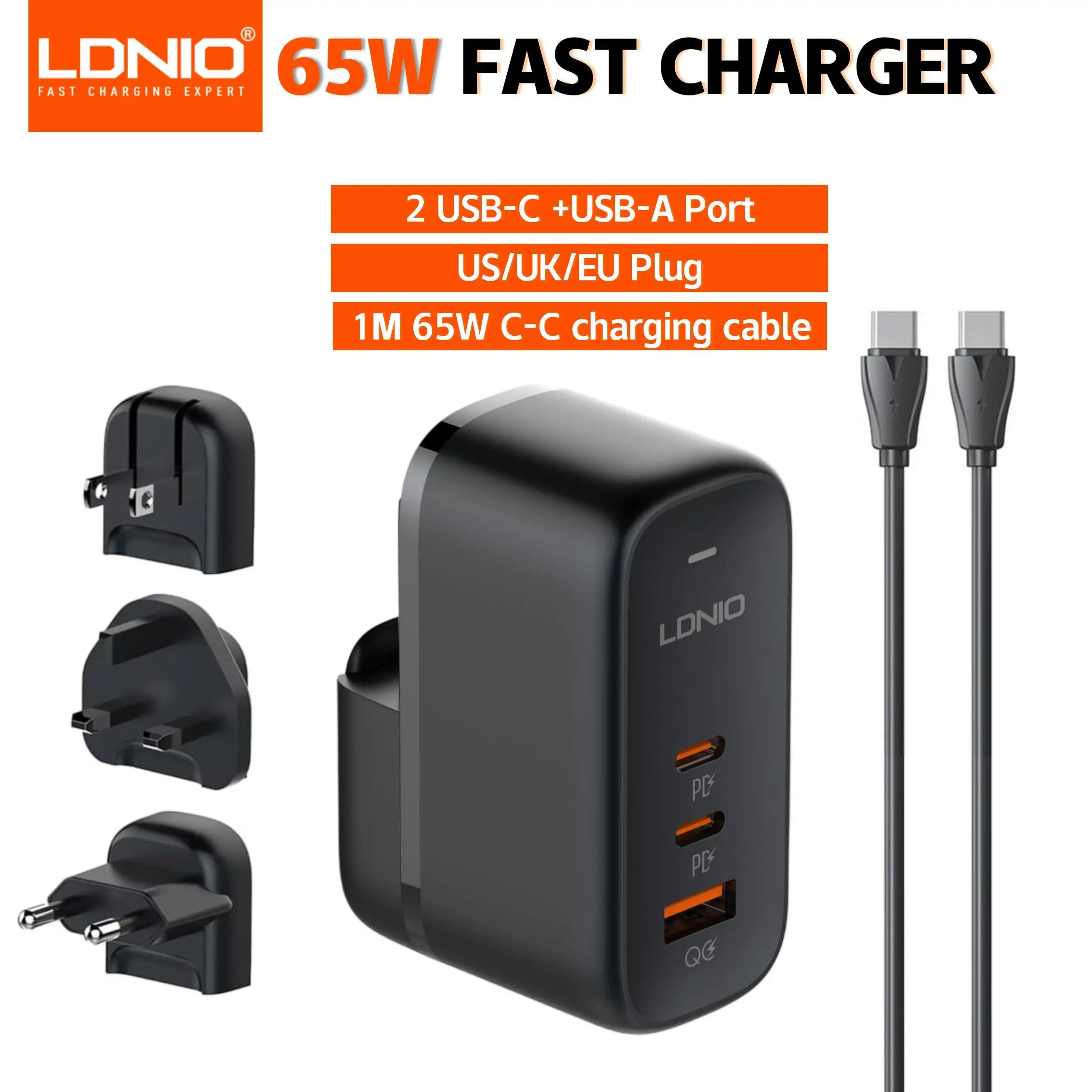 LDNIO 65W GaN USB-C Travel Charger – 3-Port PD/QC Wall Charger with EU/UK/US/AU Adapter