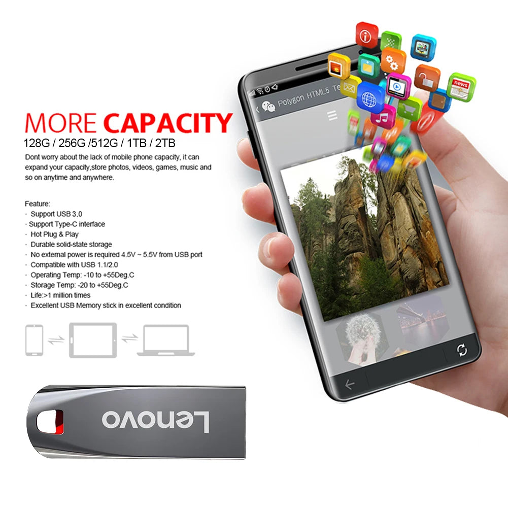 Lenovo USB 3.0 Flash Drive – 2TB/1TB/512GB Waterproof Metal Storage