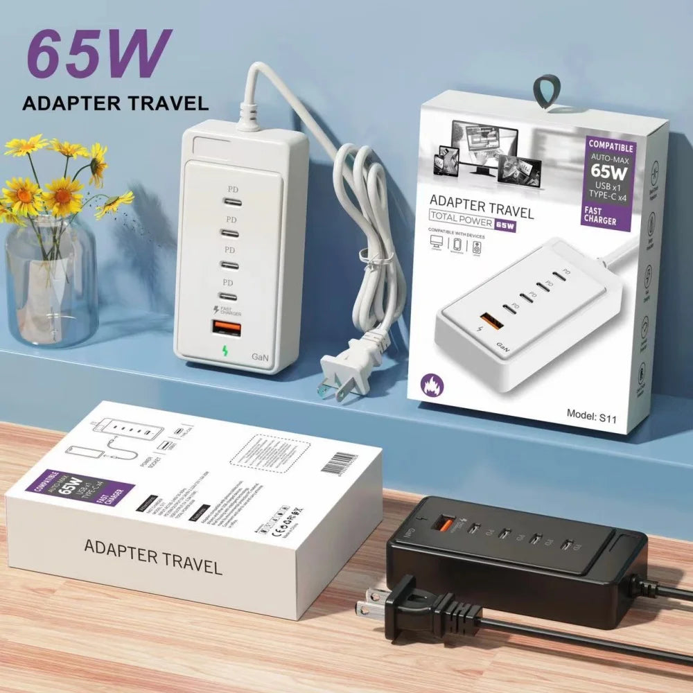 65W USB-C Fast Charging Hub – Multi-Port Wall Charger with 1M Extension Power Socket