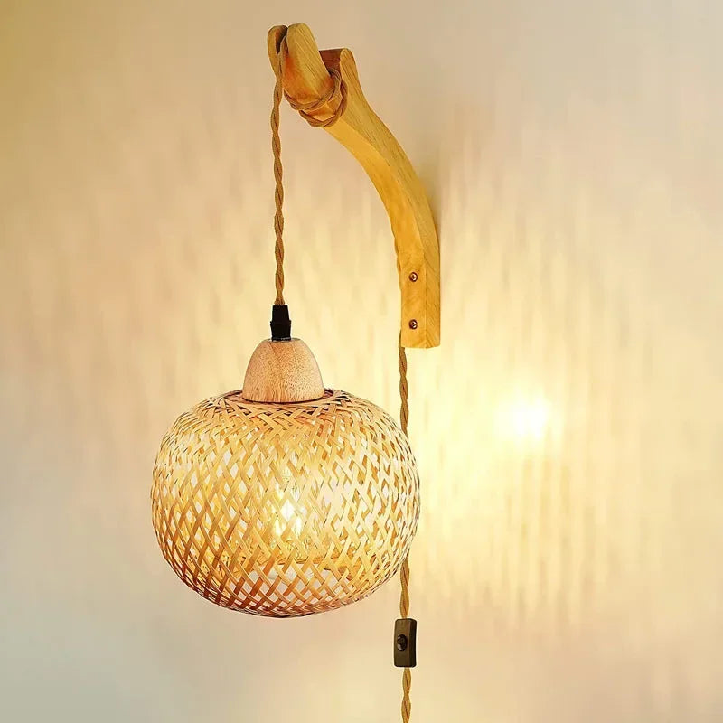 Bamboo Lantern Wall Lamp – Hand-Woven Rattan E27