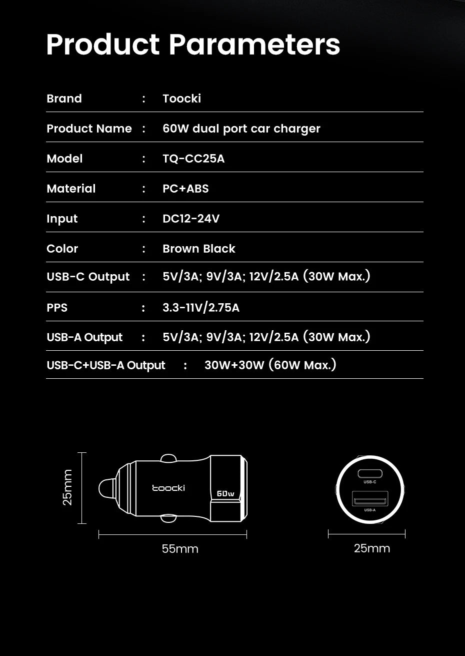 Toocki 60W Car Charger 30W Quick Charge Transparent Case PD 27W for iPhone 15 14 13 12 Xiaomi Poco Samsung Fast Charger Charging
