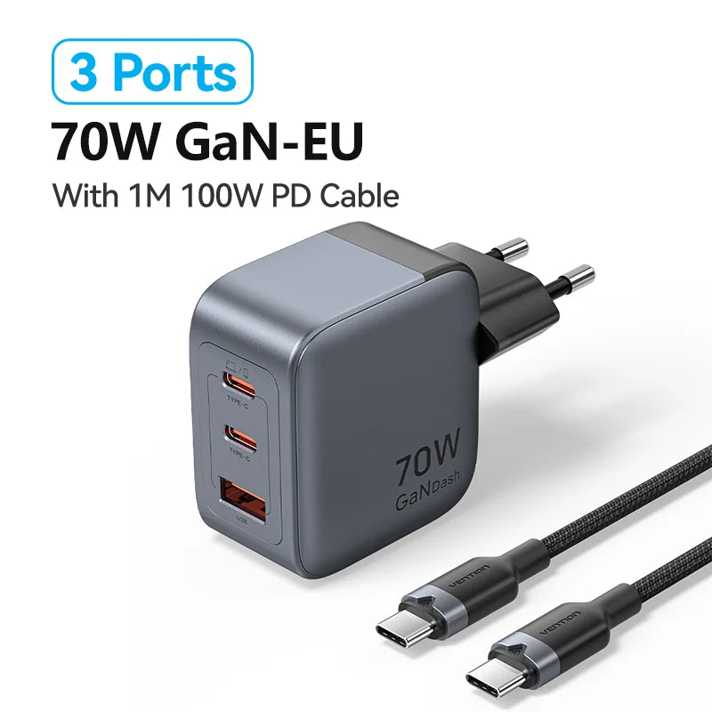 Vention 70W GaN Fast Charger – USB-C PD for Phones & Laptops
