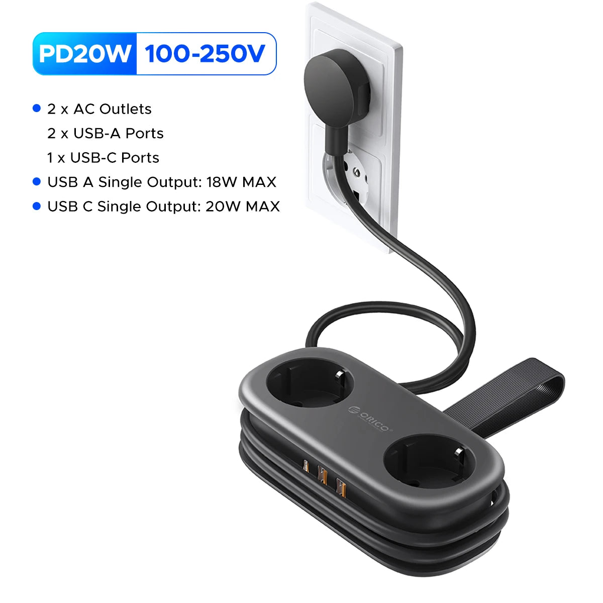 ORICO Power Strip with USB-C – 2 AC Outlets, 2 USB Ports & USB-C Fast Charging (EU Plug)