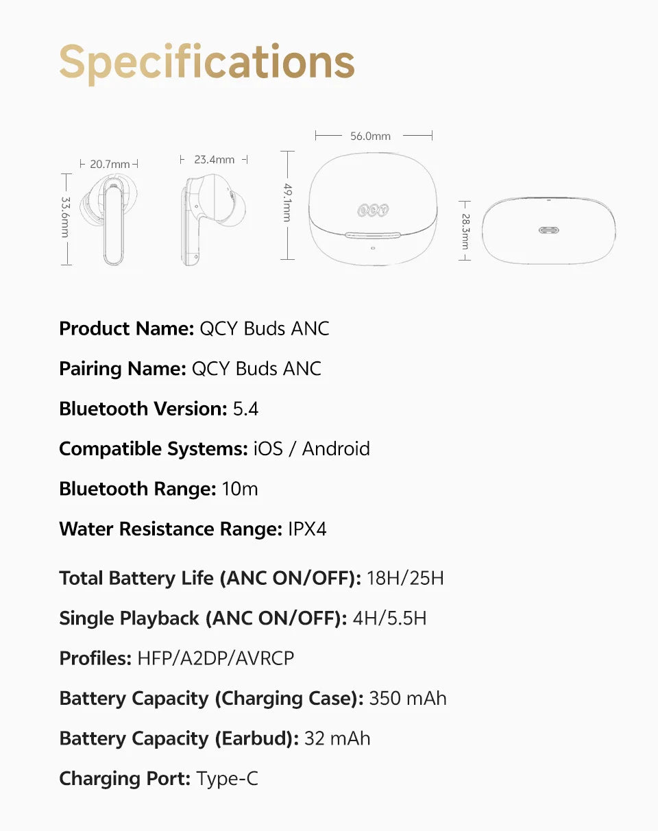 QCY Buds ANC -45dB Adaptive Noise Cancelling Wireless Bluetooth 5.4 Earbuds 6 Mics Clear Call 10mm Dynamic Driver Earphone 25Hrs
