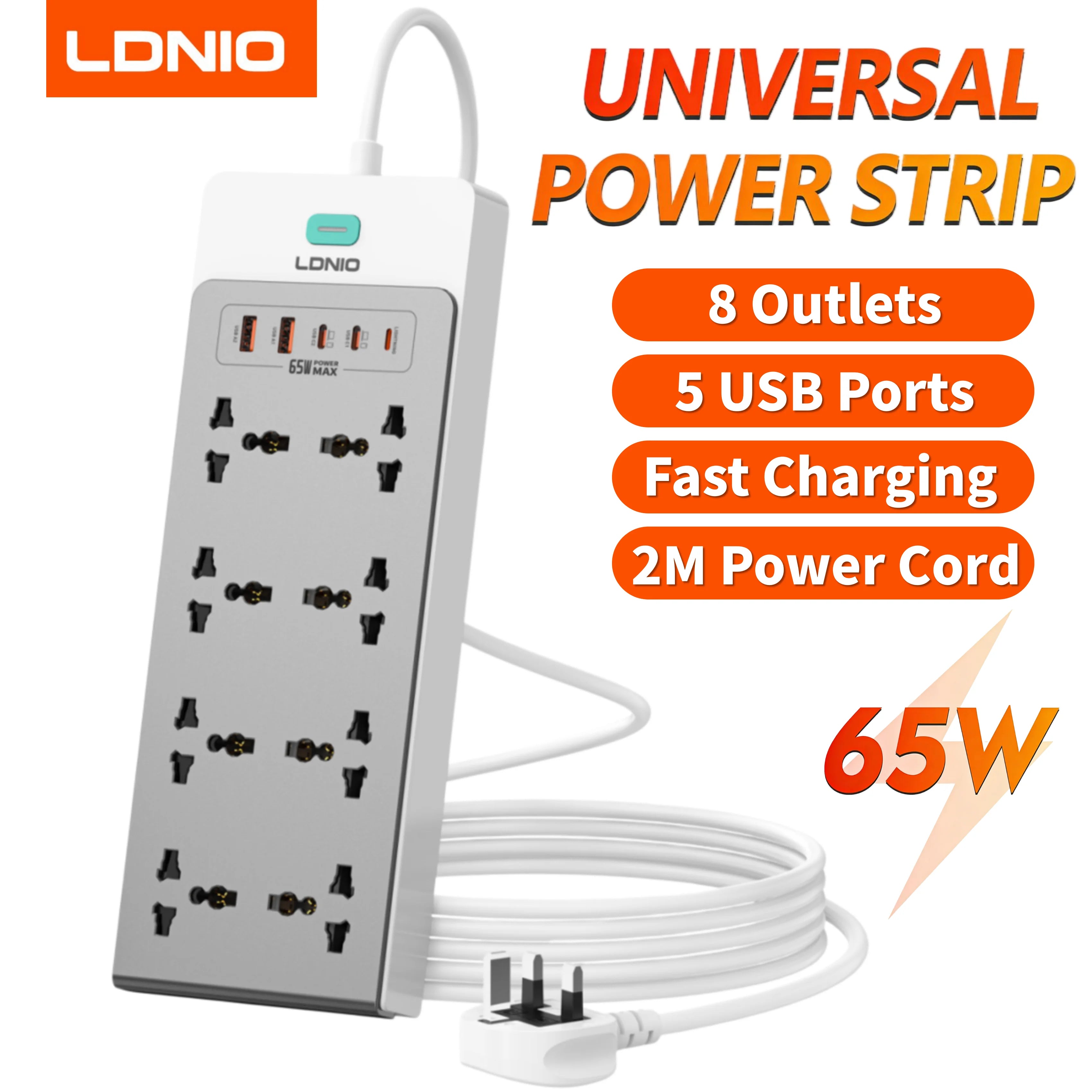 LDNIO 65W 13-in-1 Power Strip – Universal Outlets, USB-C Fast Charging & 2M Surge-Protected Extension Cord
