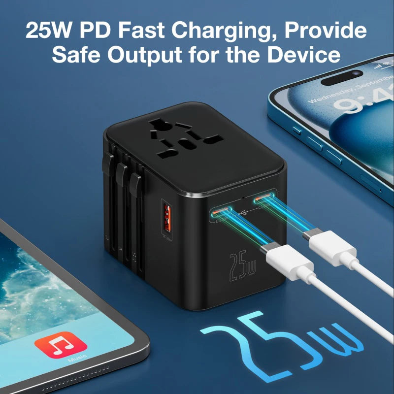 JINGMIN Universal Travel Adapter – 4 AC Outlets + 3 USB/Type-C PD 25W