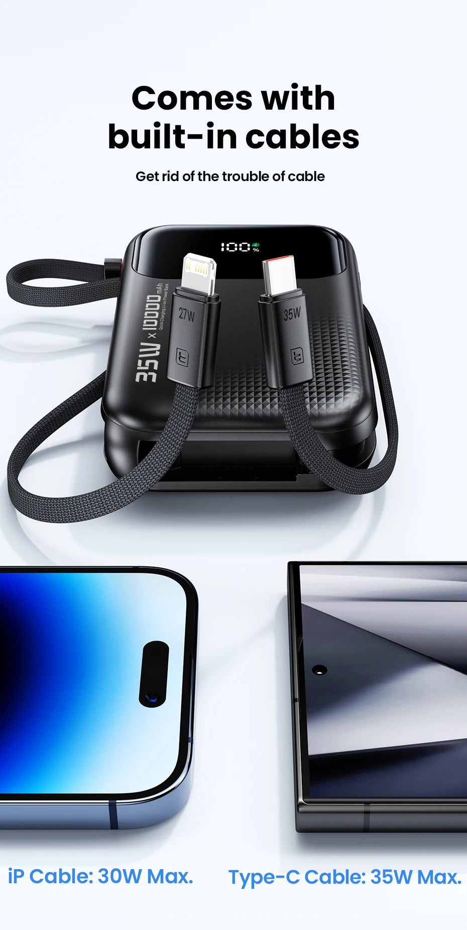 35W Portable Power Bank with Built-in Cable – QC PD 3.0 Fast Charge